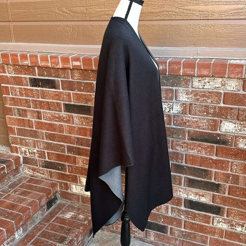 Kevia Reversible Knit Poncho Cape Black Gray Open Front Shawl Sweater One Size